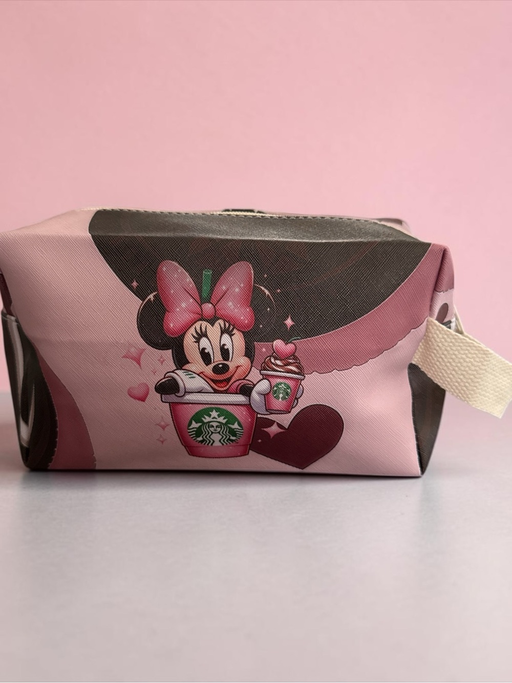 Pink Minnie Mouse Cosmetic Pouch with Coffee Cup Design